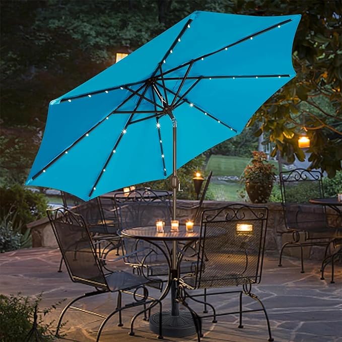 Blissun 9 ft Solar Umbrella, 32 LED Lighted Patio Umbrella, Table Market Umbrella, Outdoor Umbrella for Garden, Deck, Backyard, Pool and Beach (Light Blue) Blissun