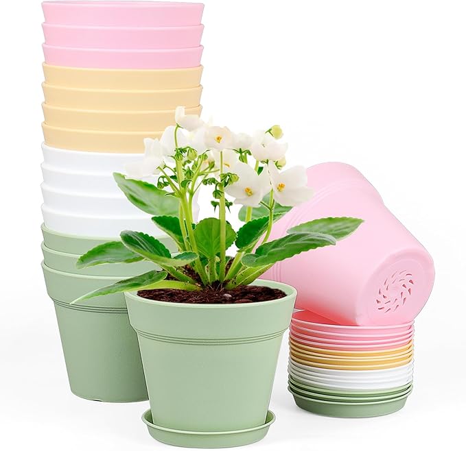4 inch Small Plastic Nursery Pots,16 Pack Plant Pots for Indoor Outdoor Plants, Flower Pots with Drainage Holes and Saucers, Decorative Seeding Starter Planters for House Plants, Colorful Meowell