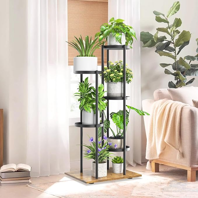 iDavosic.ly 5 Tier Plant Stand Indoor Outdoor, Tiered Corner Multiple Flower Pot Holder Shelf, Metal 37 Inch Tall Display Rack for Patio Porch Living Room Garden Balcony, Modern Black & Rustic Brown iDavosicly