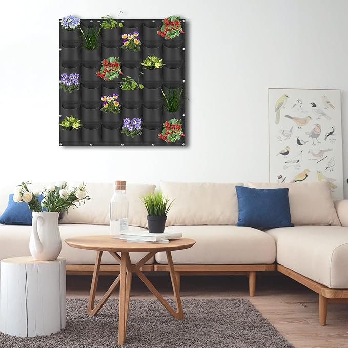 36 Pockets Hanging Planter Bags, Hanging Vertical Wall Mounted Plant Planting Grow Bags, Herb Garden Planter Outdoor Indoor Growing Bag, Gardening Vertical Greening Flower Container(1m×1m, Black) Pehciroe