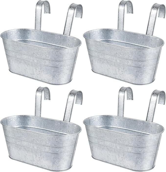 OBTANIM 4 Pack Metal Hanging Flower Pots Iron Railing Planter Outdoor Fence Hanging Pots Bucket Plant Holder with Detachable Hooks Drain Holes for Home Garden Yard Decor (Silvery) OBTANIM