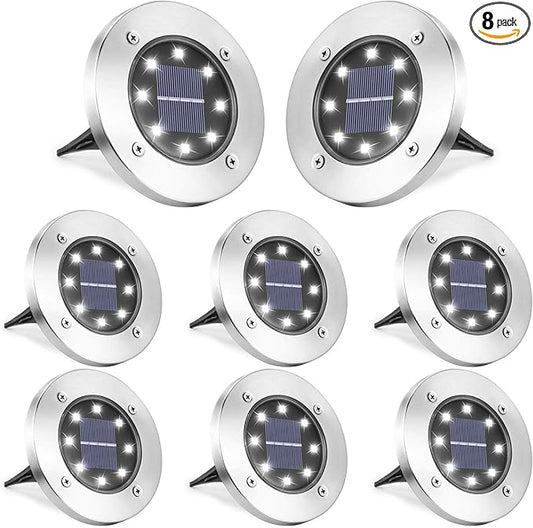 LYHOPE Solar Ground Lights Outdoor, 8 Pack 8 LED Solar Disk Lights Waterproof Garden In-ground Pathway Light Landscape Lighting for Lawn,Yard,Deck,Patio,Walkway (White) LYHOPE