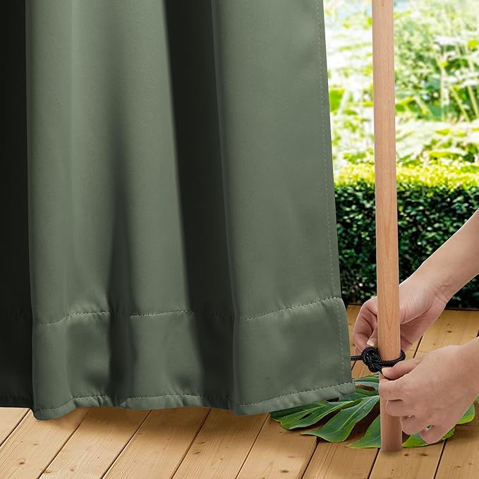 NICETOWN 2 Panels Weighted Blackout Outdoor Curtains for Patio Waterproof, Grommet & Back Tab on top and Bottom Windproof Privacy Thermal Drapes for Cabana with Fixed Rope, W52 x L95, Greyish Green NICETOWN