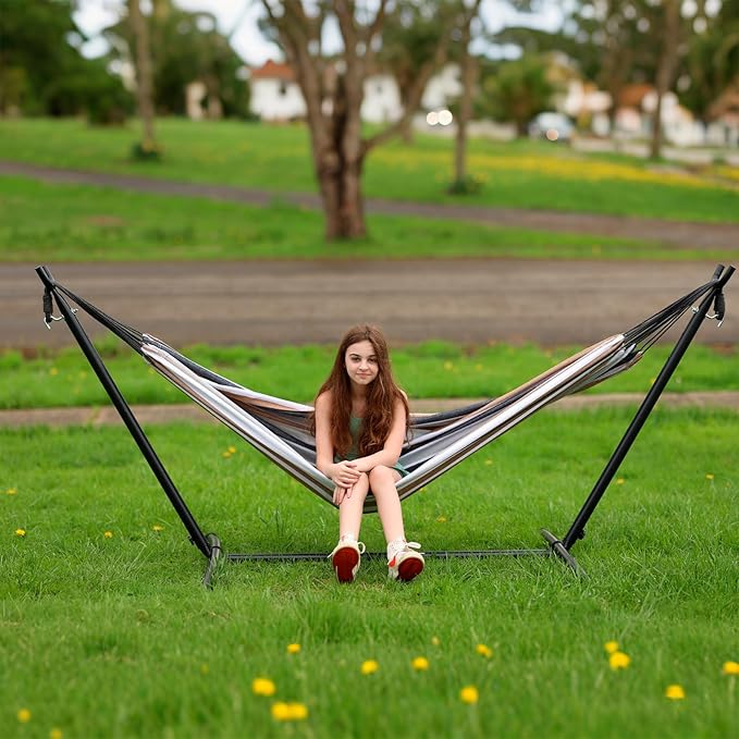 SZHLUX Double Hammock with Stand Included 450lb Capacity Steel Stand, Premium Carry Bag Included and Two Anti Roll Balance Beam, Portable Hammock with Stand for Backyard, Camping,Garden Brown Stripes SZHLUX