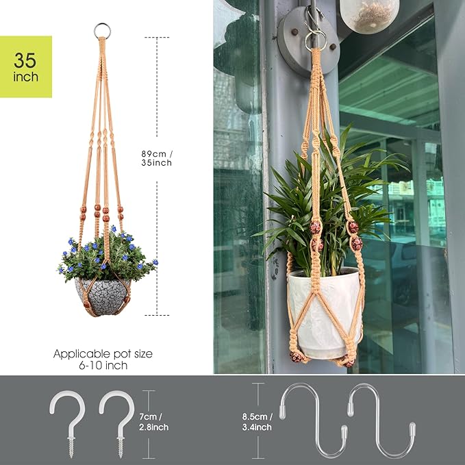RIFNY Macrame Plant Hanger for 5 to 10 Inch Plant Pots, 35 Inch Woven Rope Hanger Kits with Hooks and Wood Beads, Hanging Planter Basket for Indoor Boho Home Decor (Brown, 3 Pack) RIFNY