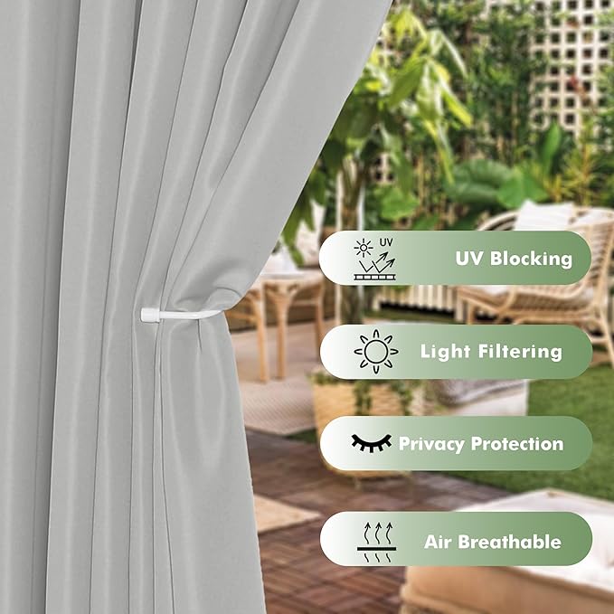 HolidayIdeas Outdoor Curtains for Patio Waterproof, 6 Panels - 54x95 Inches - Weatherproof Privacy Outsides Curtains for Cabana Porch Pergola, Sunlight & UV Blocking (Silver, Grommet Top) HolidayIdeas