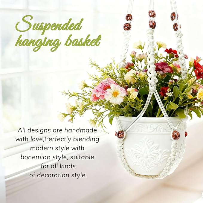35 Inch Macrame Plant Hanger, Large for up to 15 Inch Pot Extra Long Hanging Planter Holder Basket with Wood Beads for Indoor Outdoor Home Decor (Ivory, 1-Pack) Rootora