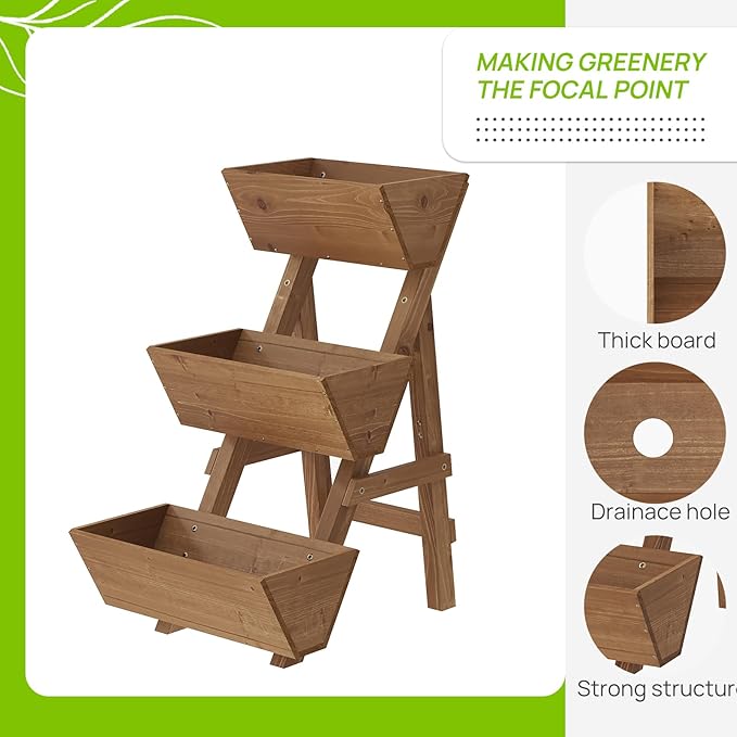 3-Tiers Wooden Raised Garden Bed Tiered Planter Box Flower Pots Vertical Garden Planter Wood Plant Stand for Vegetables Flowers Herbs for Patio, Balcony, Freestanding (Brown L) Dawnyard