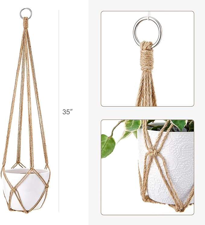 Dahey Macrame Plant Hanger Indoor Hanging Planter Basket Handmade Woven Cotton Rope Flower Pot Decorative Crochet Plant Holder Stand for Boho Home Decor No Tassels,35 Inch,Set of 2, Brown Dahey