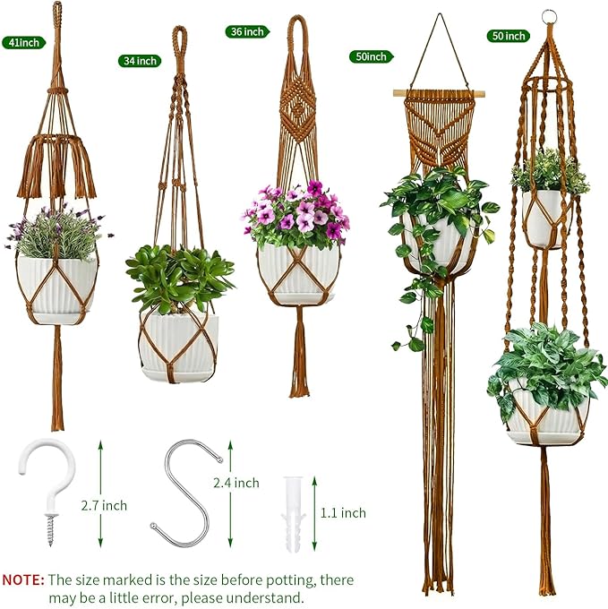 Macrame Plant Hangers, 5Pack Hanging Planters for Indoor Plants w/ 5 Set Hooks Handmade Cotton Rope Hanging Plant Holders Plant Hanger Indoor for Boho Home Decor (Planter Pot Not Included) TAOZIM