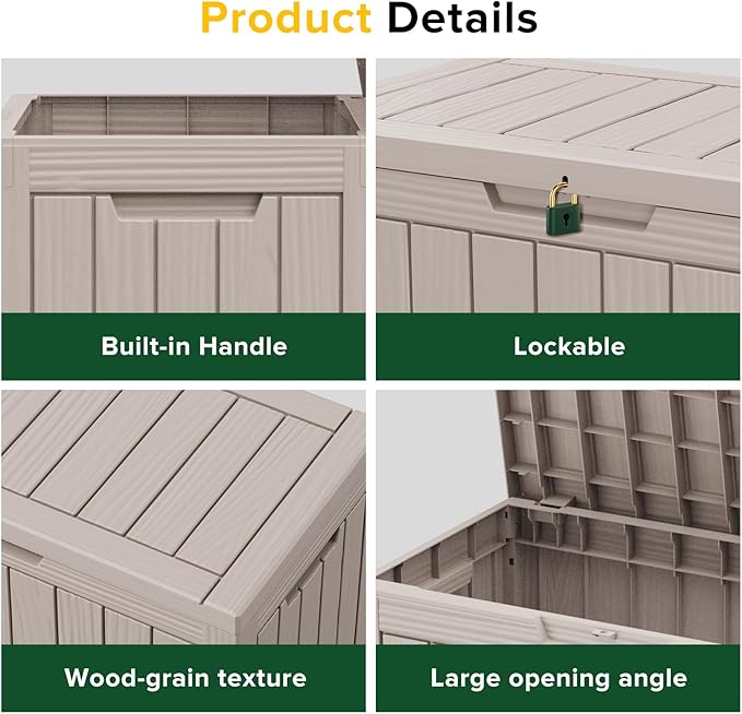 DRATO 45 Gallon Deck Box, Outdoor Storage Box for Patio Furniture, Patio Cushions, Gardening Tools, Pool Supplies 480lbs Weight Capacity,Waterproof Resin Storage Boxes (Light Brown, 45Gal) DRATOprovidesawarmandcozy