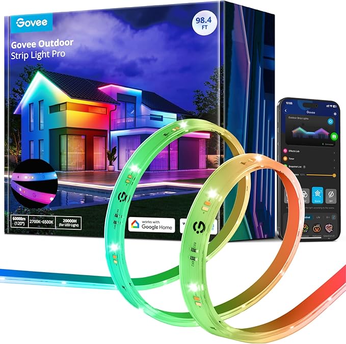 Govee Outdoor LED Strip Lights RGBIC with Warm and Cold White, 98.4ft 2.4G WiFi Smart Outdoor Lights, IP65 Waterproof, Work with Alexa and Google Assistant, App Control, for Porch, Patio, Eave, Party Govee