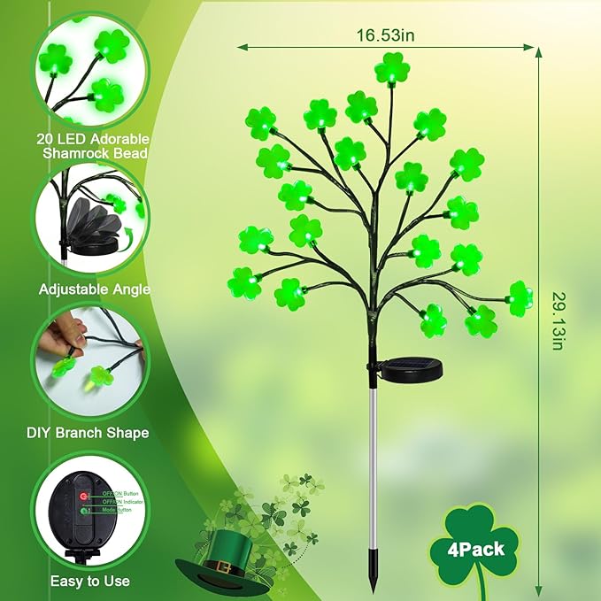 4 Pack St Patricks Day Solar Outdoor Lights, 80 LED St Patricks Day Decorations, Solar Shamrock Stakes Lights with 8 Modes, Waterproof Lucky Green Clover Pathway Light for Yard Garden Lawn Decor HELESIN