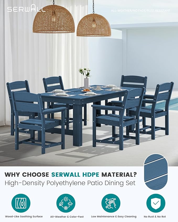 SERWALL Outdoor Dining Table Set, 67‘’ HDPE Patio Dining Set for 4, All-Weather Outdoor Table and Chairs Set for Deck, Blue SERWALL