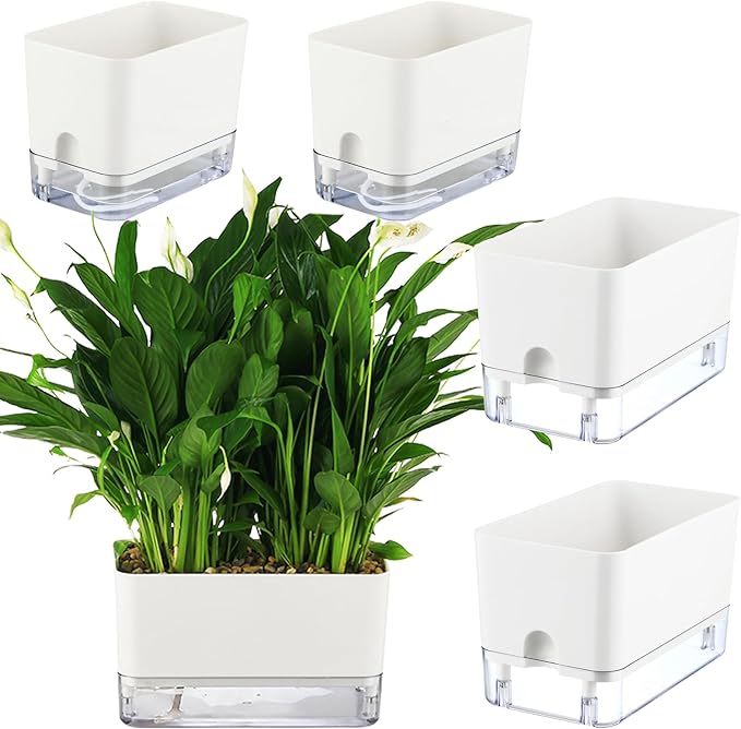 Planterhoma Self Watering Plant Pots for Indoor Plants 7/10 inch, 4 Packs Square Self-Watering Planters with Drainage Hole, White African Violet Pots for Devil's Ivy, Spider Plant, Orchid Planterhoma