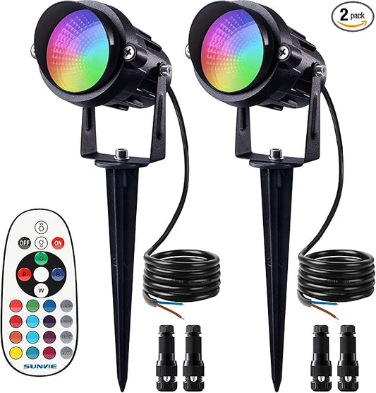 SUNVIE 12W RGB Low Voltage Color Changing Landscape Lights Remote Control Waterproof LED Landscape Lighting for Yard Garden Pathway Holiday Christmas Decorations Outdoor Indoor, 2 Pack with Connector SUNVIE