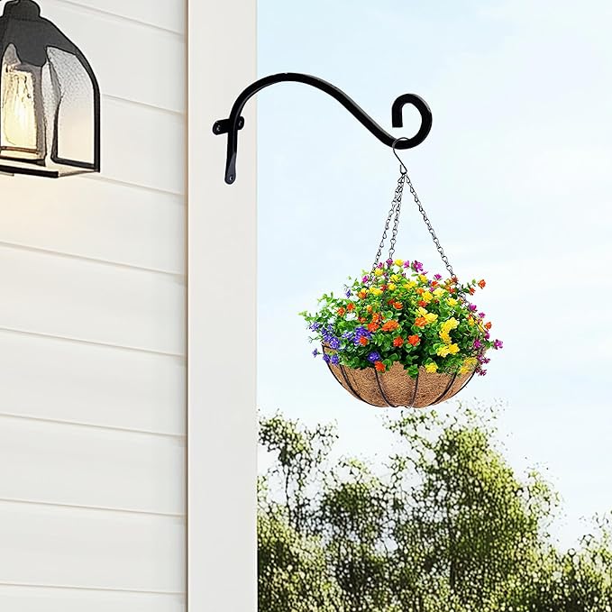 Hourleey 4 Pack Plant Hanger Outdoor, 8 Inch Heavy-Duty Hanging Plant Hook for Outside Basket, Black Metal Wall Mount Plant Bracket Hook for Flower Baskets Bird Feeder Hourleey