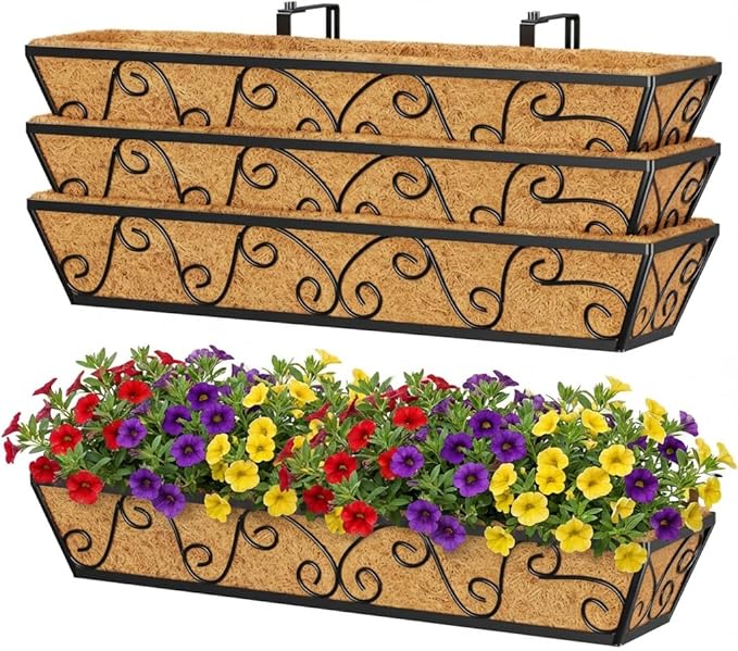 Y&M 30 Inch Butterfly Window Deck with Coco Liner, Fence Metal Hanging Flower Planter Window Basket Deck Railing Planter Boxes for Outdoor Garden Lawn 4pcs YM