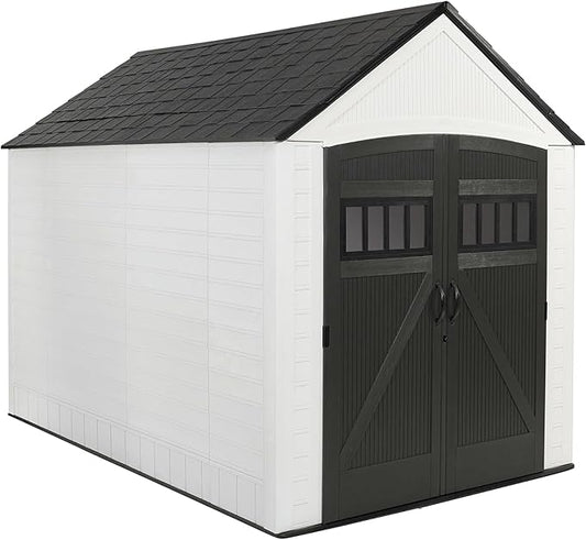 Rubbermaid Resin Outdoor Storage Shed With Floor (7 x 10.5 Ft) Weather Resistant, White, Organization for Home/Backyard/Garden Tools/Lawn Mower/Bike Storage/Pool Supplies Rubbermaid