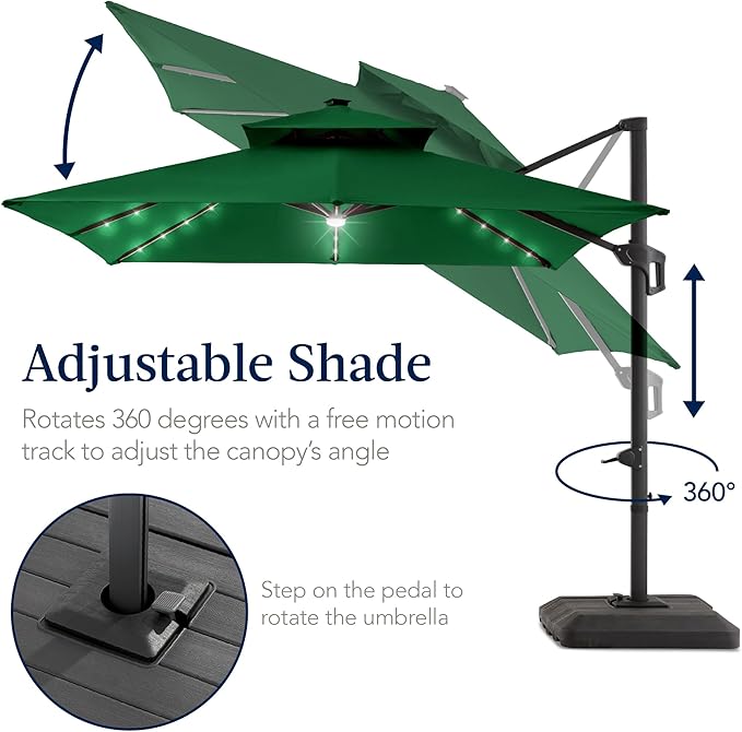 Best Choice Products 12x12ft LED Cantilever Patio Umbrella w/Base Included & 360° Rotation, Large Solar Offset Hanging Outdoor Sun Shade for Deck, Backyard Table w/Stand & Lights – Green BestChoiceProducts