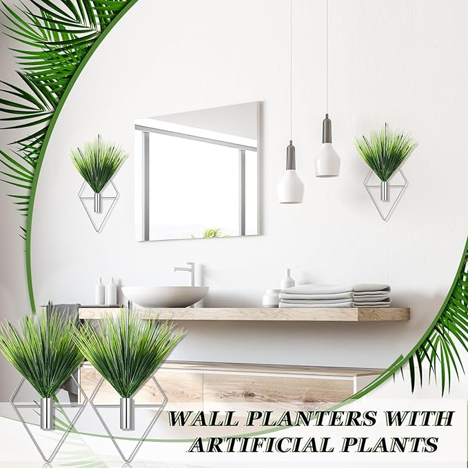 2 Pieces Wall Decor Hanging Planters with Artificial Plants Metal Hanging Vase Indoor Plants Holder Modern Boho Wall Art for Bathroom Bedroom Living Room Decor(Silver,Aquatic Plant) Canlierr