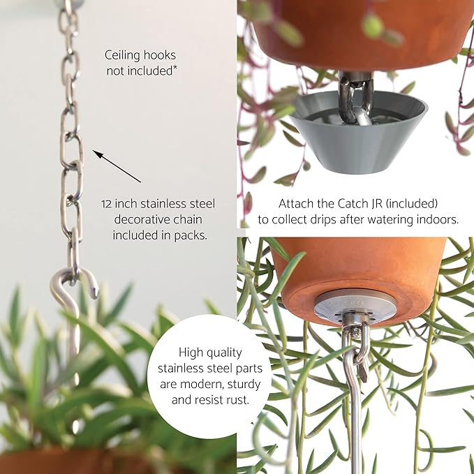 — Three Pack, Pot Hanger Kits + Accessories - Hang and Connect Your Clay Pots, Stainless Steel - Indoor Outdoor - Connectable Hanging Planter Vertical Garden w/Drainage for Healthy Plants SkyPots