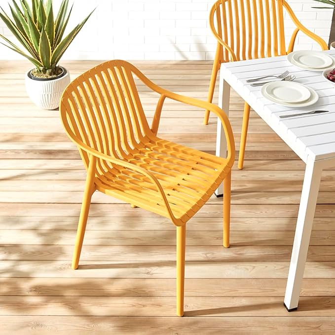 Modern Stackable Outdoor & Indoor Plastic Dining Chairs Set, Armchairs Set, Weather-Resistant, Ideal for Patios, Cafes, and Home Use, Set of 4 (Mustard Yellow) XDECO