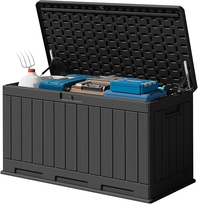 Devoko 90 Gallon Double-Wall Deck Box, Side Handles, HDPE Outdoor Large Storage Box Waterproof and Lockable for Patio Furniture, Garden, Pool (Black, 90 Gallon) DEVOKO