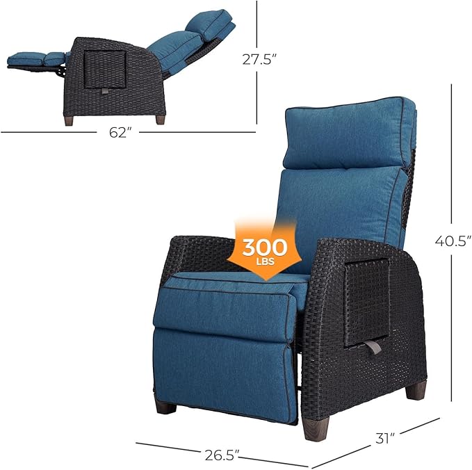 Grand patio Outdoor Reclining Chairs with Extended Footrest 2-Piece Adjustable Patio Wicker Lounge Recliner up to 150° with Flip Side Table Peacock Blue GrandPatio