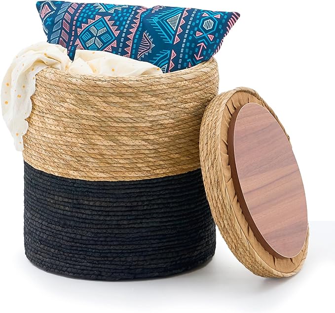 Wimarsbon Round Pouf Ottomans, Handwoven Natural Water Hyacinth Seagrass Pouffe,Outdoor Rattan Stool Accent Seat, Bohemian Coastal Home Decor (Storage -14inch Natural Cattail & Black Corn Shell) Wimarsbon