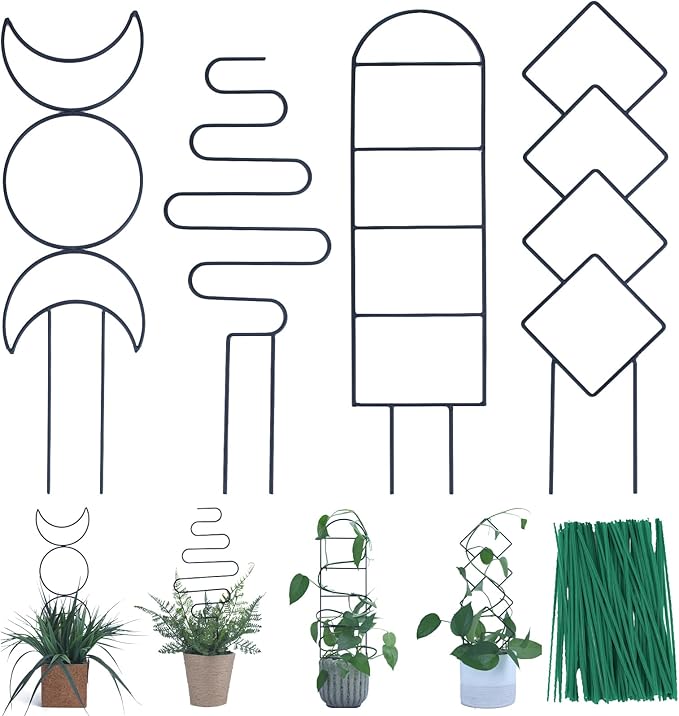 Indoor Plant Trellis for Climbing Plants, 16inch Small Garden Metal Trellis for Potted Plants Outdoor with Different Patterns for Vine Ivy Flower Plant Support 4 Pack WellSign