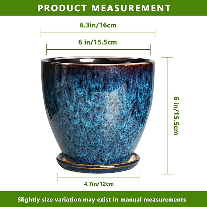 Ceramic Plant Pot, 6.3 Inch Ceramic Planter Pot with Drainage Hole and Saucer, Succulent Round Flower Pot for Indoor Plants Outdoor, Blue EPFamily