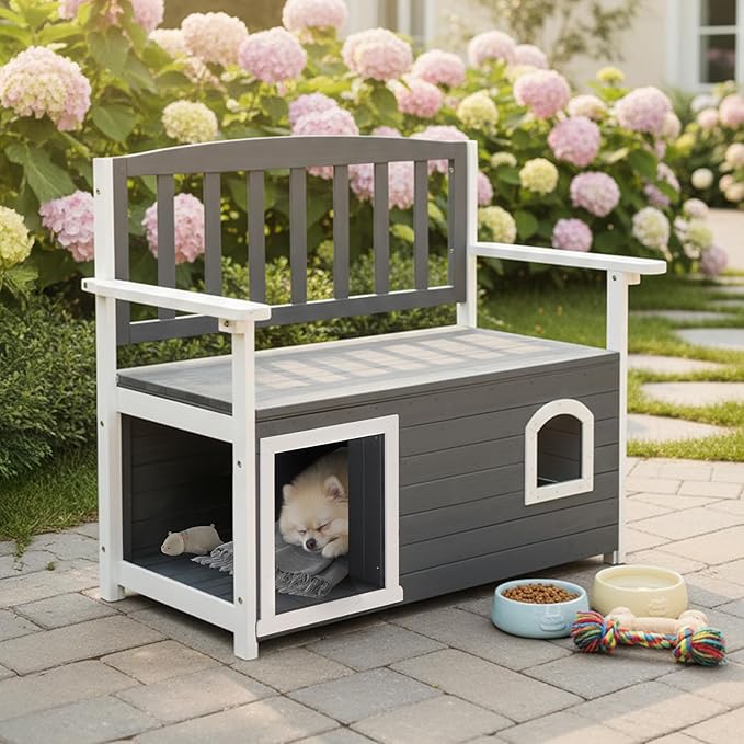 VINGLI Outdoor Storage Bench with Built-in Dog House, 2-in-1 Outdoor Waterproof Patio Bench with Pet Kennel for Patio Backyard Porch (Gray) VINGLI