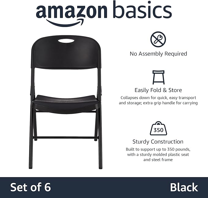 Amazon Basics Sturdy Foldable Plastic Chair, Portable, 350-Pound Capacity, Black, 6-Pack AmazonBasics