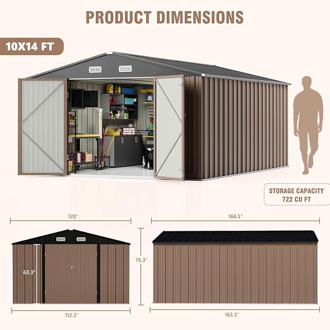 Greesum 10×14 FT Outdoor Storage Shed, Metal Storaged Sheds Without Floor, Tool Sheds with Lockable Doors and Sloping Roof for Garden, Patio, Brown BuynowfromGreesum