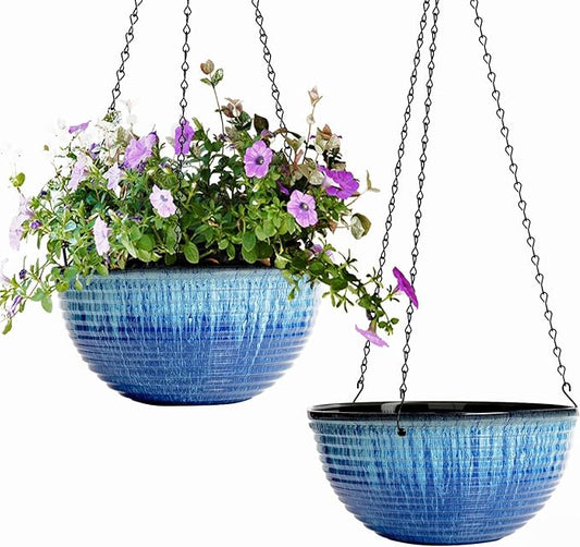 2 Pack Hanging Planters for Indoor Outdoor Plants, 10 Inch Hanging Planter with Drainage Hole & Plug Glazed Hanging Baskets Flower Pots for Garden Home (Blue Flow Glaze) Vanslogreen