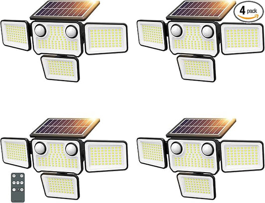 4500LM Solar Lights Outdoor Waterproof, 254 LED Solar Flood Lights Outdoor with 2 Motion Sensor, 4 Heads Security Light with Remote Control for Yard Outside House Garage 4 Pack SZPOWER