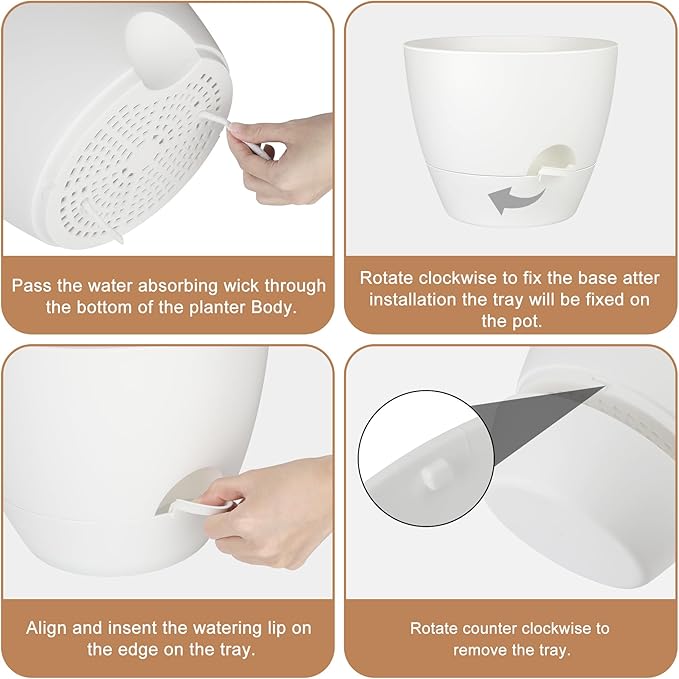 Plant Pots 12/10/9 Inch Self Watering Pots, Set of 3 Plastic Planters with Drainage Holes and Saucers,Plastic Flower Pots,Nursery Planting Pot for Indoor Out Door Plants(Pure White) QRRICA