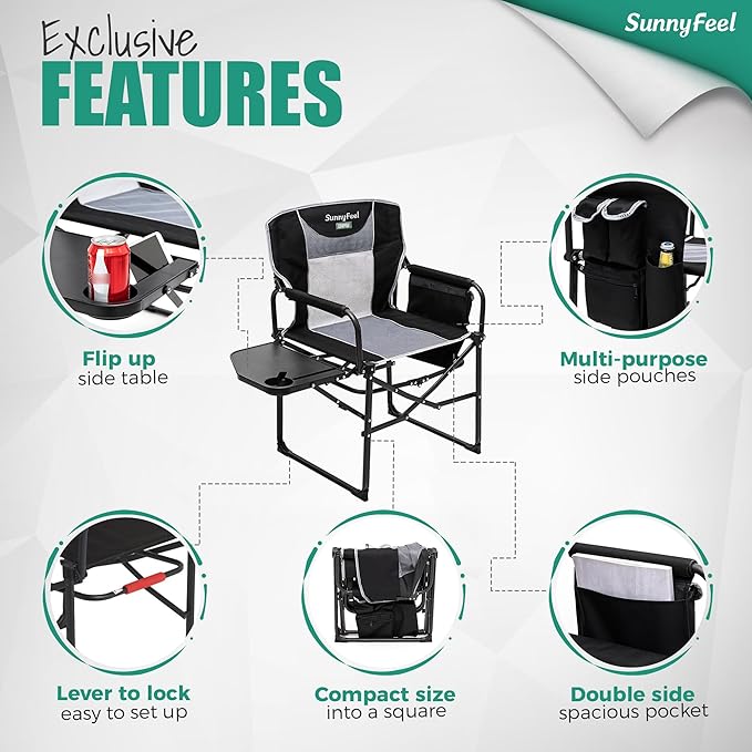 SUNNYFEEL Camping Directors Chair, Heavy Duty,Oversized Portable Folding Chair with Side Table, Pocket for Beach, Fishing,Trip,Picnic,Lawn,Concert Outdoor Foldable Camp Chairs SunnyFeelCamping