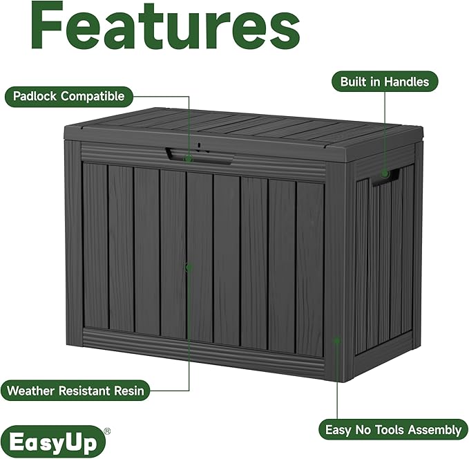 EasyUp 45 Gallon Outdoor Storage Box, Resin Waterproof UV-Resistant Deck Box, Reinforced Stability for Patio, Garden, and Poolside, Striped Black EASYUP