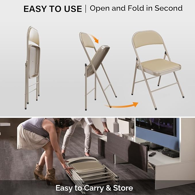 VINGLI 6 Pack Folding Chairs with Padded Seats, Metal Frame with Pu Leather Seat & Back, Capacity 350 lbs, Set of 6, Khaki VINGLI