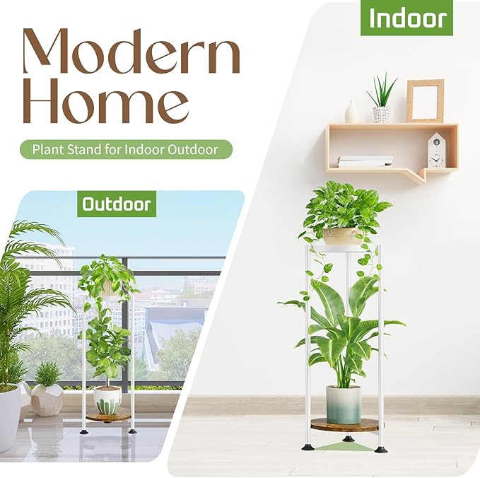 iDavosic.ly 2 Tier Corner Plant Stand Indoor, 30 Inch Tall Vertical Metal Flower Heavy Duty Pot Holder Shelf Outdoor for Patio Porch Living Room, White & Rustic Brown - Round iDavosicly