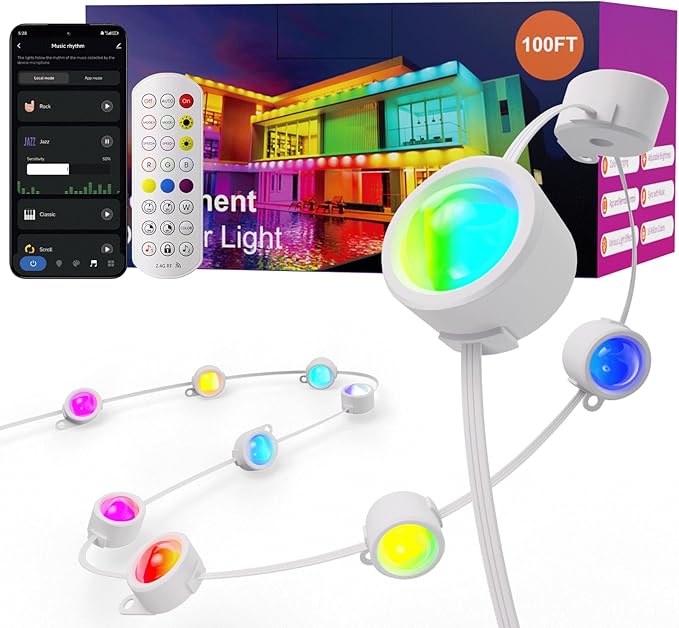 Fitop Permanent Outdoor Lights, 100FT RGB LED Eaves Light for Home, IP67 Waterproof Outdoor Strip Light, Extendable, DIY Scene Modes, Music Sync, App/Remote Control Fitop