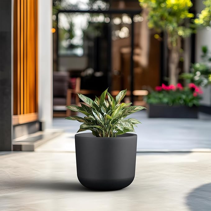 Kante Round Concrete Planter, 13.2 Inch Dia Classic Style Large Plant Pot with Drainage Hole for Indoor & Outdoor Plants, Ideal for Home, Patio, Garden, Black Kante