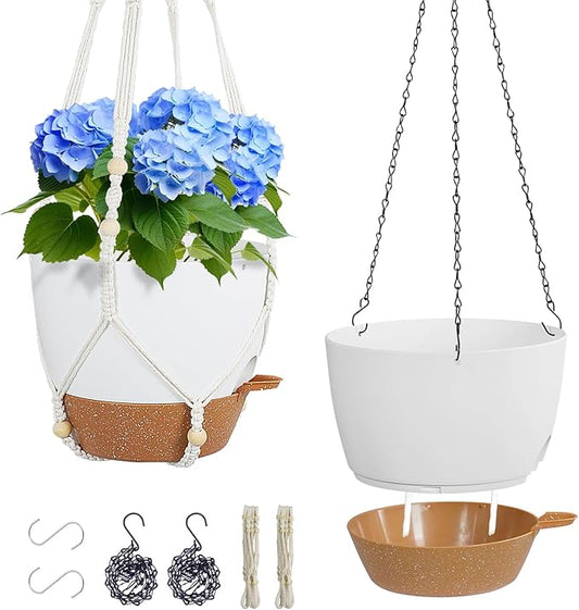 10 inch Self Watering Hanging Planters, 2 Pack Hanging Baskets for Indoor Outdoor Plants, Hanging Flower Pots with Drainage Holes & 2 Kinds of Plant Hangers for Garden Home Décor, White Brown Meowell