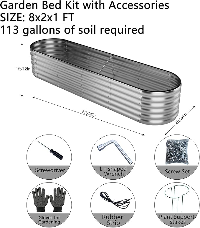 Large Raised Garden Bed Galvanized Metal Round Raised Garden Bed Outdoor for Gardening，8x2x1FT for Vegetables Flowers Ground Planter Box ZFHgarden
