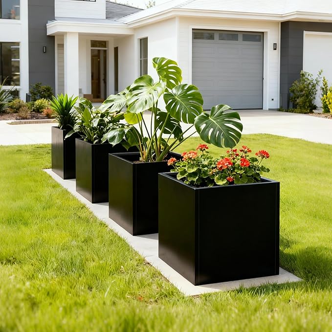Galvanized Steel Planter Box Black Metal Planter Large Square 32Inch Indoor Outdoor Planters Cube Steel Heavy Duty Flower Pot Powder Coating Modern Commercial Residential for Patio, Yard, Garden GZGNEEVL