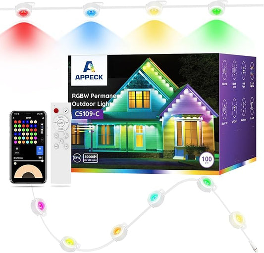 APPECK Permanent Outdoor Lights 100ft with 72 LEDs, 111 Scene Modes, Smart RGBW Lights with 40lm Warm White, App & Remote Control for Christmas, Halloween, Works with Alexa, Google Assistant, White APPECK