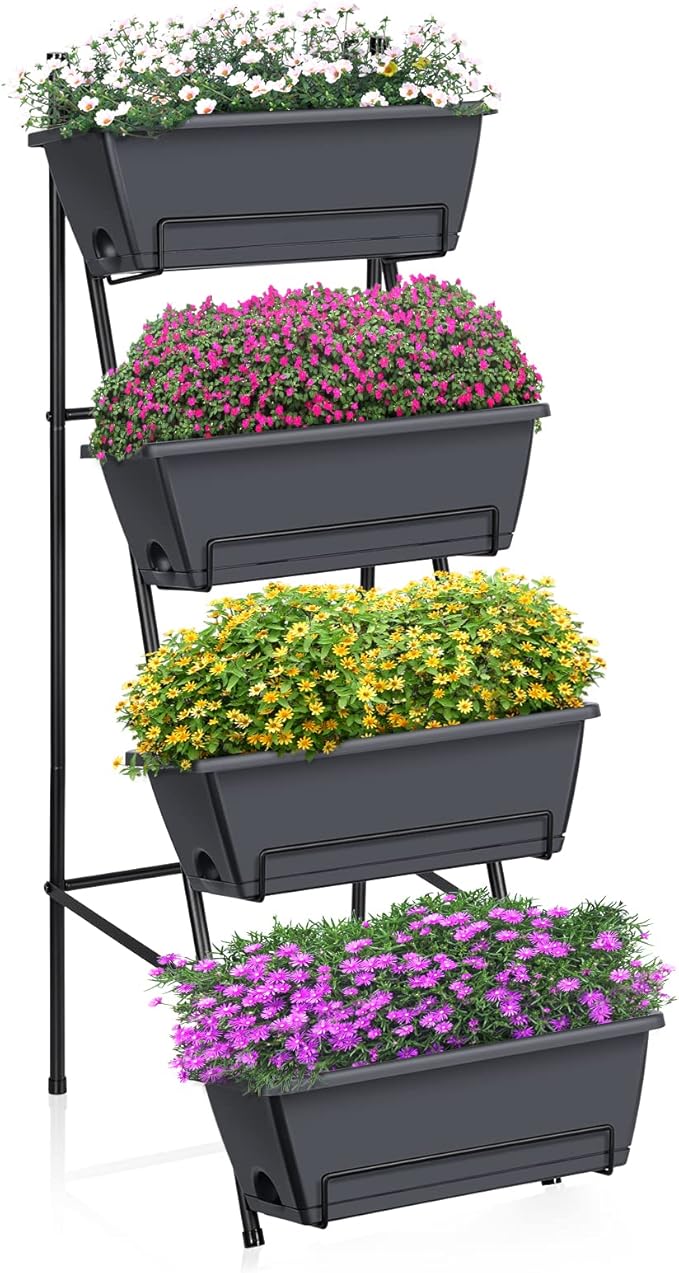OYEAL Raised Garden Bed 4 Tier Vertical Garden Planter Indoor Outdoor Raised Planter Box with Legs Elevated Herb Garden Planters for Flowers Vegetables Plants, Grey OYEAL