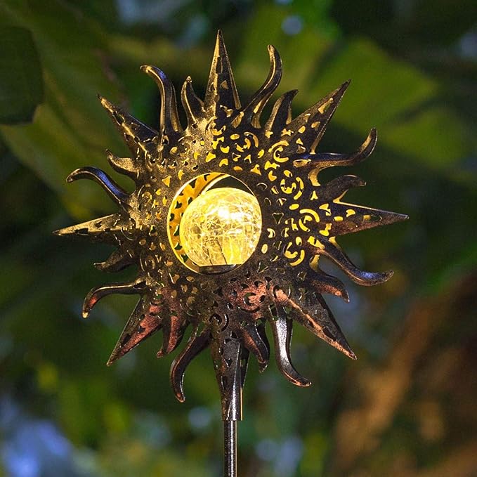 HOMEIMPRO Large Sun Solar Garden Decor Lights Outdoor Garden Gifts Mom Dad, Crackle Glass Metal Stake Backyard Decor, Waterproof LED Lights for Lawn Patio Ornaments, Mothers Day Gifts for Women Homeimpro